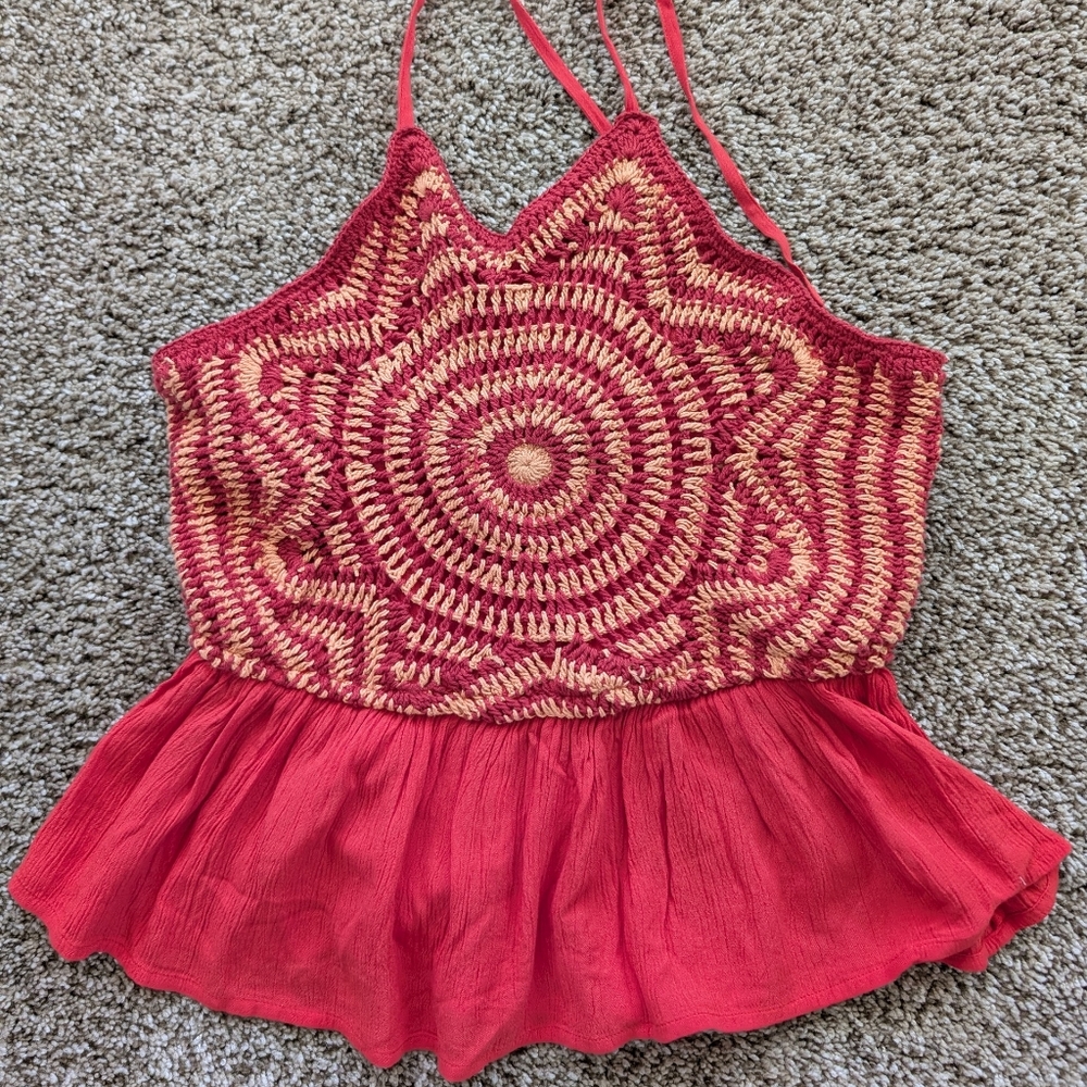 Forever 21 Red and Pink Crochet Crop Top